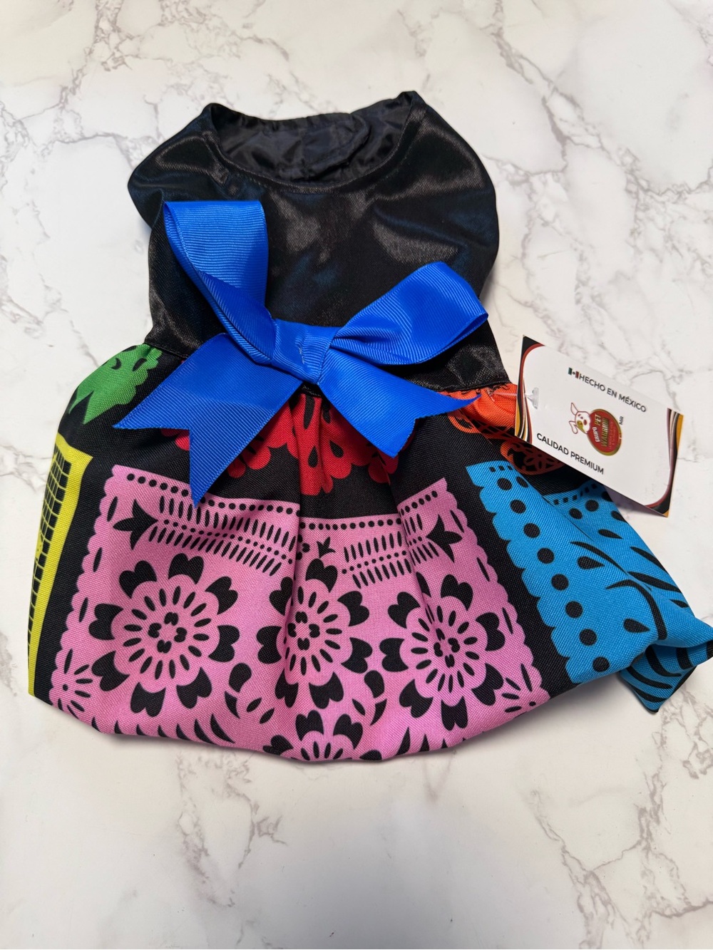 Pet Warrior Dog/ Cat PAPEL PICADO Custome Halloween Dress with Blue Bow.